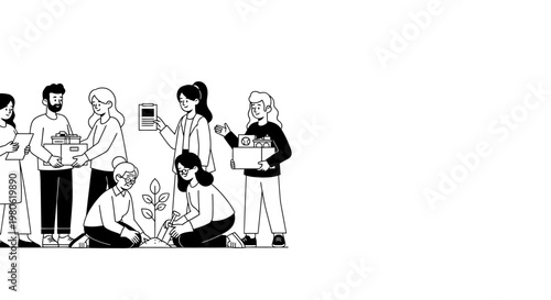 Diverse group of volunteers planting a tree and working together.