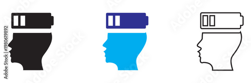 Low Battery Tired Person Icon. Simple vector illustration of three seated figures at desks with lightning symbols, representing stress, discomfort, and posture differences in a minimal style.