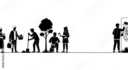 Silhouette group of volunteers planting trees and cleaning up environment.