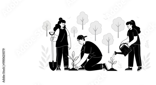 Group of volunteers planting young trees in a garden.