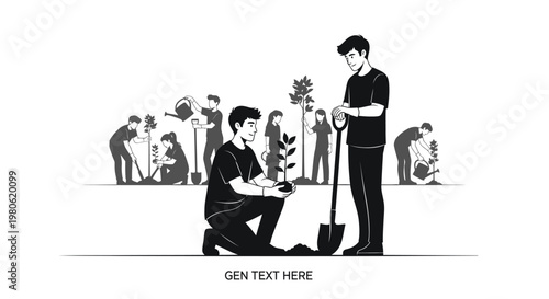 Two Men Planting a Tree Together in a Garden.