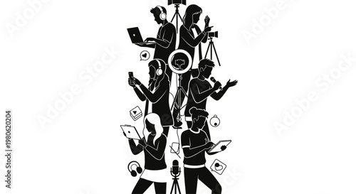 Group of young content creators and influencers using digital technology equipment.