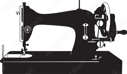 Black silhouette of a vintage sewing machine white background