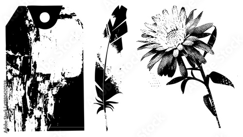 Grunge style tag, feather, and flower rendered in halftone dots, vector art,, graphic design elements, isolated.