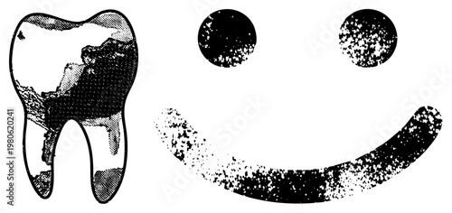 Dental health with cheerful expression, tooth with decayed areas, halftone, cartoonish face, dental hygiene symbol, toothbrush design.
