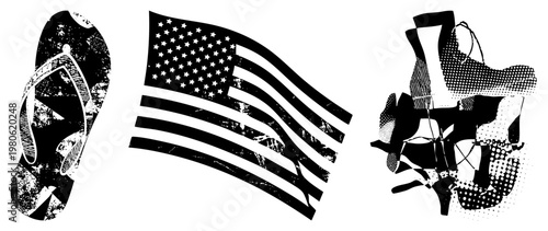 Black and white graphic trio distressed flip flop, waving USA flag, abstract shopping bag. Retro halftone texture, isolated vector, stylized Americana and retail motifs.