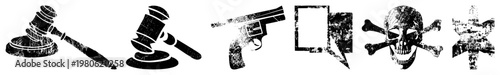 Distressed black representing law, danger, piracy,, and gavel, revolver, skull &, frame, star vector symbols with gritted texture.