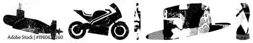 Stylized black vector of submarine, motorcycle, and airplane with halftone textures, isolated foreground elements, graphic design symbols, industrial aesthetics, illustration.
