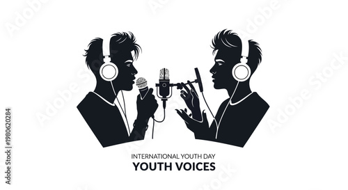 Silhouettes of two young people recording a podcast or radio show.