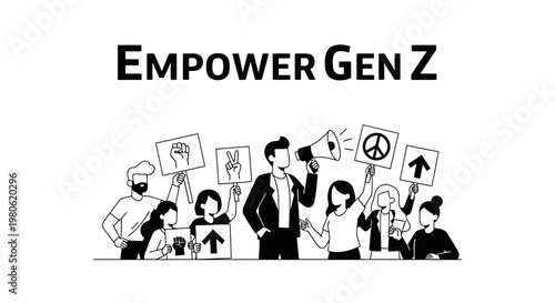 Group of diverse young people protesting with signs and megaphone.