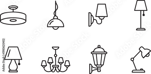 Modern lighting icon set, minimalist interior lamp line art collection, 8 vector icons of ceiling chandeliers and floor lamps for home decor