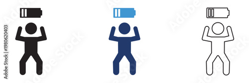 Low Battery Tired Person Icon. Simple vector illustration of three seated figures at desks with lightning symbols, representing stress, discomfort, and posture differences in a minimal style.
