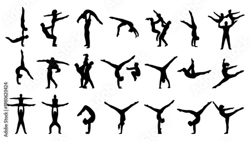 Acrobatics and gymnastics silhouettes set, 21 vector elements of athletes performing stunts, black figures of circus performers and cheerleaders