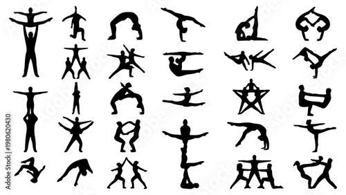 Acrobatic gymnastics silhouettes set, 24 athlete icons in various poses, cheerleading stunts and human pyramid vector elements for sports design