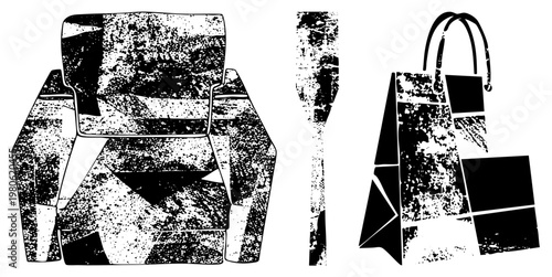 Retro armchair with textured fabric, wooden oar with worn finish, paper shopping bag with handles, all rendered in gritty halftone style, ideal for vintage or distressed design projects.