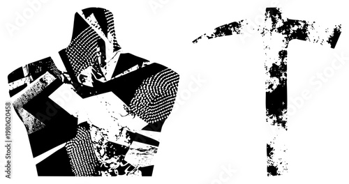 Miner figure holding pickaxe, stylized laborer, worker, black and white graphic, textured halftone, vector art.
