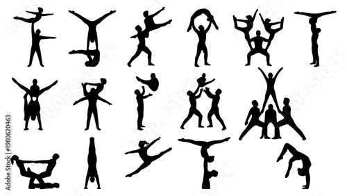 Acrobatic gymnastics silhouettes set, 17 vector elements of cheerleading stunts and human pyramids, athletic circus performers in balance poses