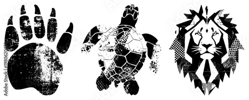 Black/white wildlife vector bear, turtle, lion with distressed texture. Ideal for eco/ branding. Also wildlife emblems, nature glyphs, tribal motifs.