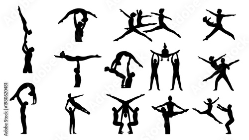 Acrobatic gymnastics silhouettes set, 14 vector elements of cheerleading stunts and partner yoga poses, athletic circus performers in balance