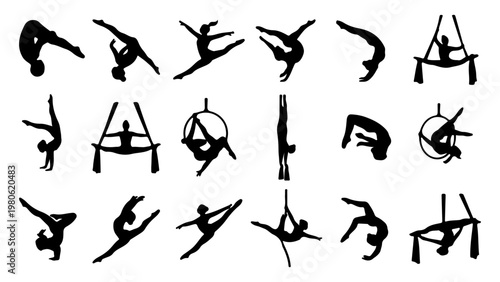 Gymnastics and aerial yoga silhouettes, 18 athlete vector icons, acrobatic performance poses, rhythmic gymnastics and circus arts elements