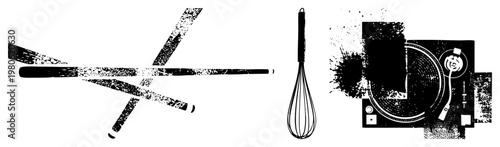 Stylized kitchen whisk with hockey stick, turntable DJ equipment, retro grunge textures, vector graphic, isolated elements, black and white illustration.