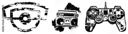 Vintage eye symbol, cassette boombox, gaming controller, distressed halftone style, vector, retro tech symbols, stylized graphic elements.