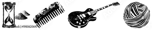 Black and white vector hourglass measuring time, hair comb, electric guitar for music, yarn ball for crafting all with distressed texture, isolated on transparent background.