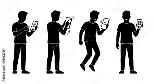 Black silhouette man using smartphone vector set, male character holding mobile phone in different poses, person interacting with digital device icons