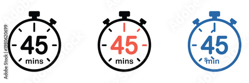 45 Minute Timer Stopwatch Countdown Icons Time Management Clock Alarm Schedule Productivity Vector Illustration Set Isolated Background
