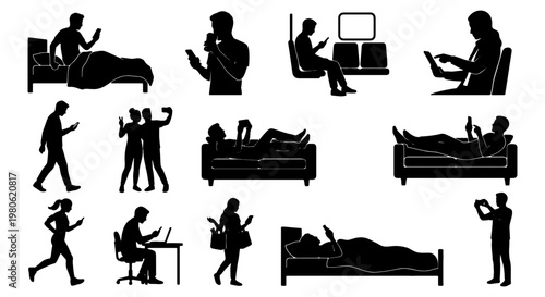 Smartphone addiction silhouettes, people using mobile phones in daily life activities, set of 13 vector icons showing digital screen dependency