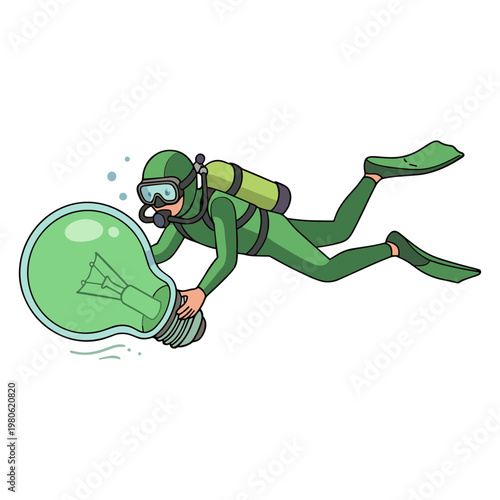 Scuba diver explores underwater scene with green globe and aquatic life