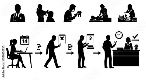 Medical appointment booking silhouette icons, healthcare service process infographic vector, patient online registration and check-in set