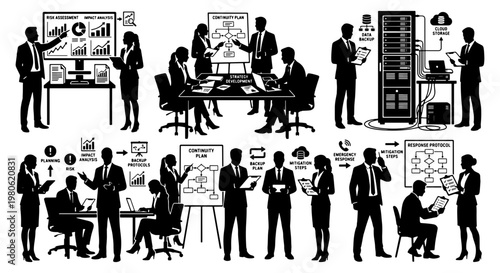Business professional silhouettes set, corporate office meeting and data center server room scenes, cybersecurity and risk management vector collection
