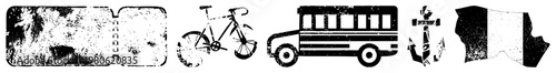 Collection of travel symbols passport, bicycle, school bus, anchor, map fragment, vector, retro style.