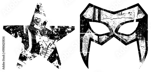 Distressed star and theatrical mask, vector graphic, vintage design, black and white, scratched texture, symbolic, isolated elements, stylized symbols.