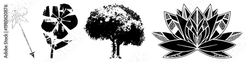 Vector art of and botanical motifs, including a stylized flower, tree, and lotus with halftone textures and geometric, isolated graphic elements for design use.