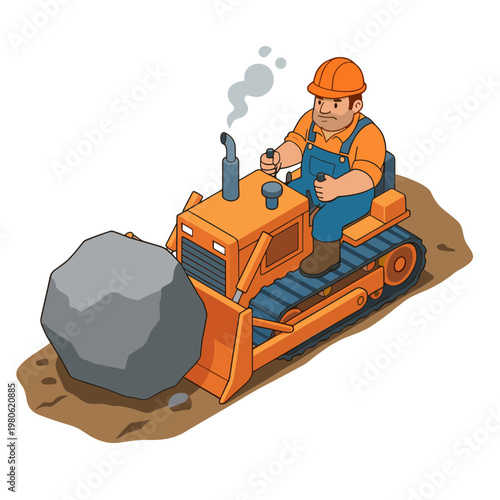 A construction worker operates a bulldozer pushing a large boulder on a dirt site.
