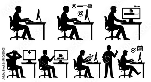 Office worker silhouette icons, businessman working at computer desk vector set, professional employee productivity and technology workflow illustrations