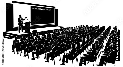 Business conference silhouette with speaker on stage, global innovation strategy presentation, large audience in seminar hall vector illustration