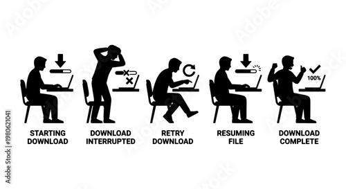 Computer download process silhouette icons, man using laptop for file transfer stages, starting interrupted retry resuming and complete status set