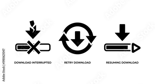 Black download status icons set, interrupted and retry download symbols, resuming download progress bar vector graphics for web interface