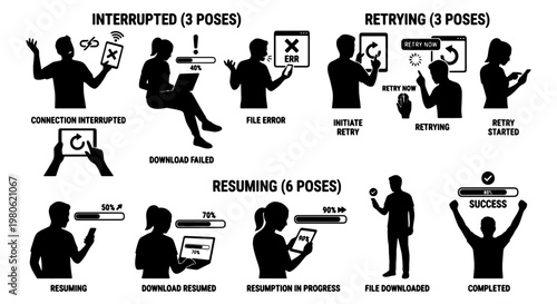 Frustrated user silhouettes with loading bars and error messages, collection of 12 vector poses for interrupted, retrying, and resuming downloads