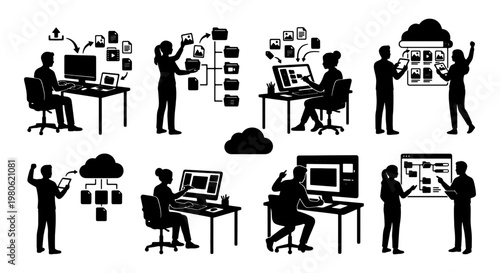 Data management silhouette icons, office workers organizing digital files and cloud storage, professional people using computers for database networking