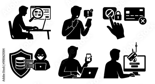 Cyber security and phishing icon set, black silhouette hacker and data theft vector elements, online fraud and identity protection symbols
