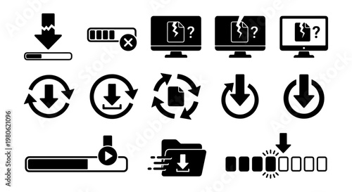 Corrupted file and download error icons, set of 13 black vector symbols, broken data transfer and loading progress bars for web interface design