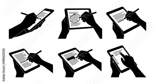 Black silhouette hands using digital tablet and stylus pen, set of 6 vector icons, person writing and drawing on touchscreen device for business