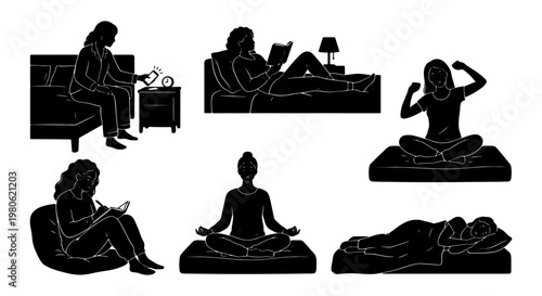 Black silhouette woman morning and night routine icons, female character sleeping and waking up vector set, daily life activities and wellness habits