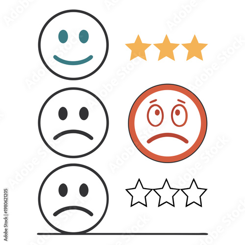 A vector graphic illustration of various emoticon faces with star ratings for feedback and review purposes