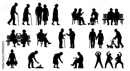 Elderly people silhouettes set, senior citizens walking and sitting icons, retired men and women lifestyle vector collection, aging population graphics