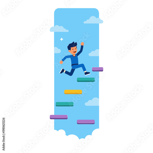 Man jumping over colorful blocks in the air with clouds